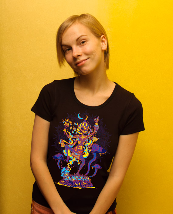 Kali in Wonderland psychedelic fluorescent woman’s t-shirt by Andrei Verner