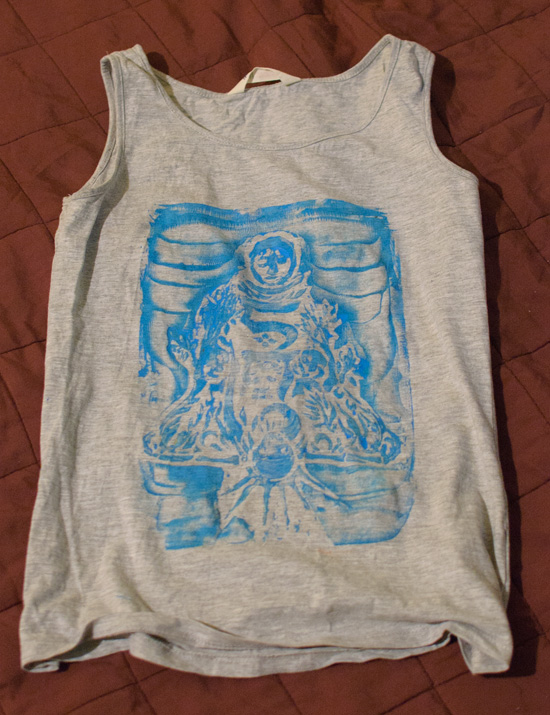 Linocut print on a sleeveless shirt by Andrei Verner