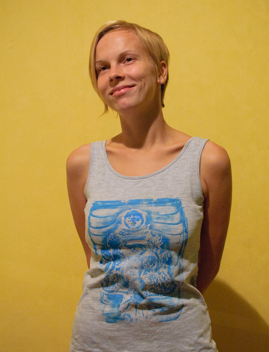 Linocut print on a sleeveless shirt by Andrei Verner. Model - Marina Nozyer