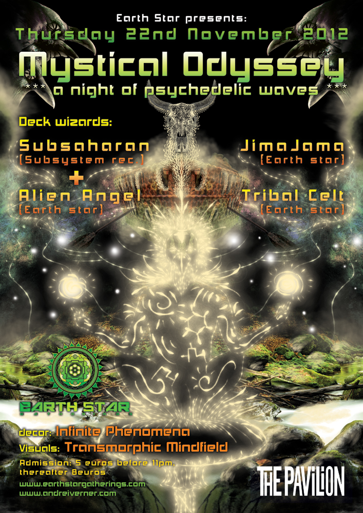 Mystical Odyssey psychedelic party flyer design by Andrei Verner