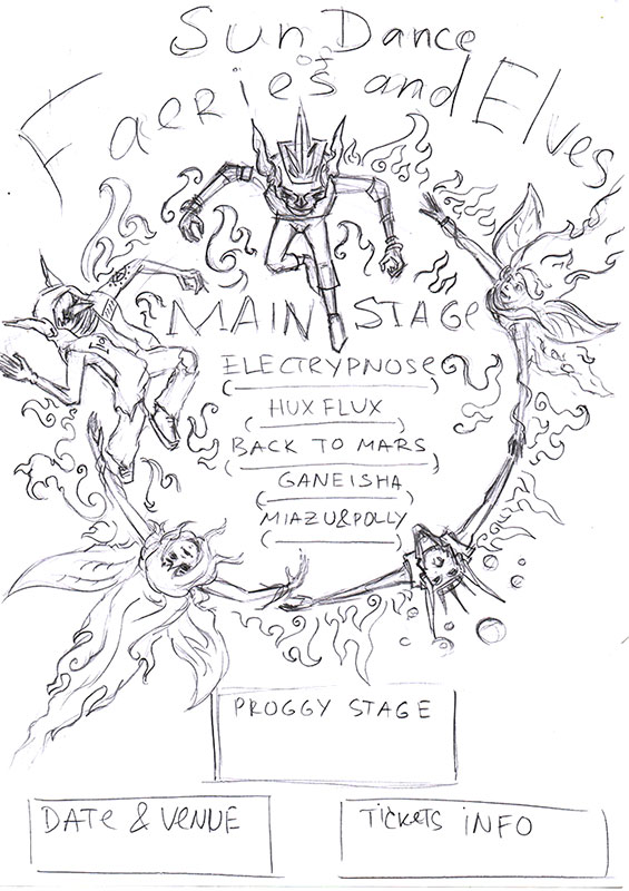 Sun Dance of Faeries and Elves psychedelic flyer sketch by Andrei Verner