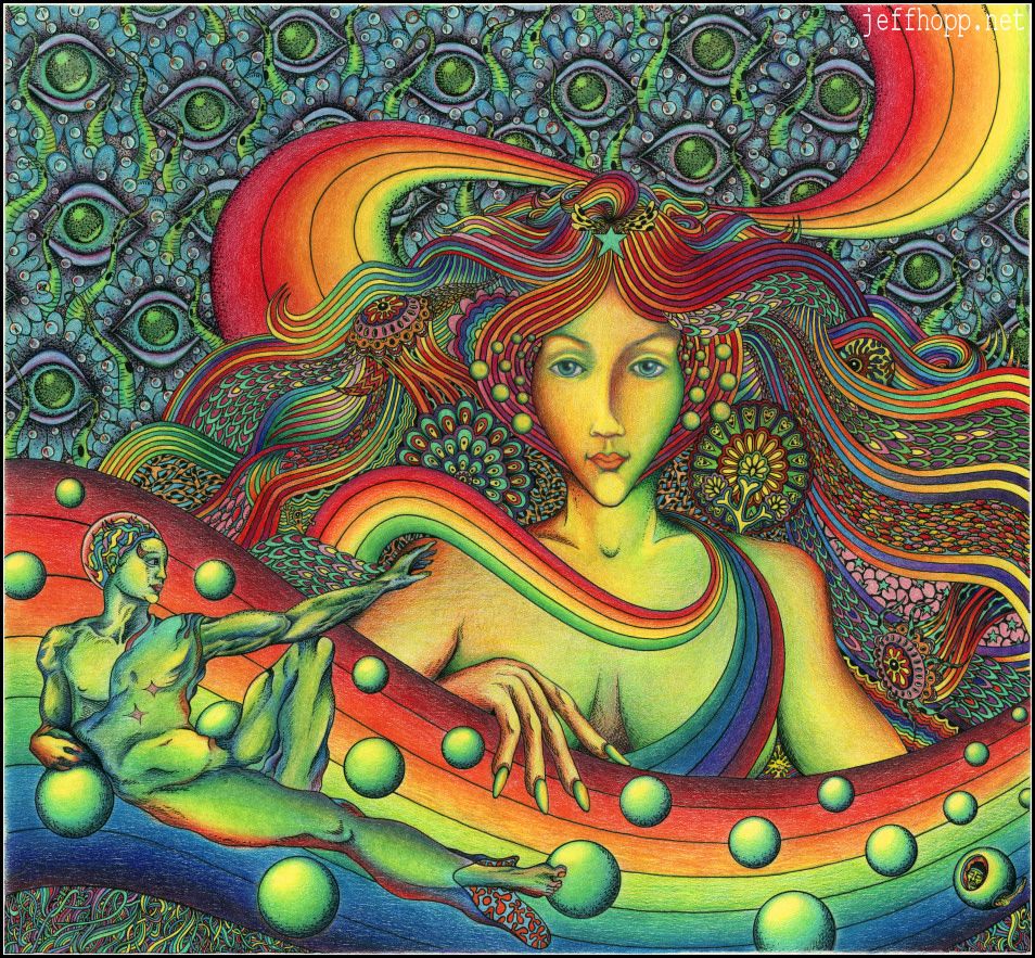 Rainbow Queen - traditional psychedelic drawing by Jeff Hopp