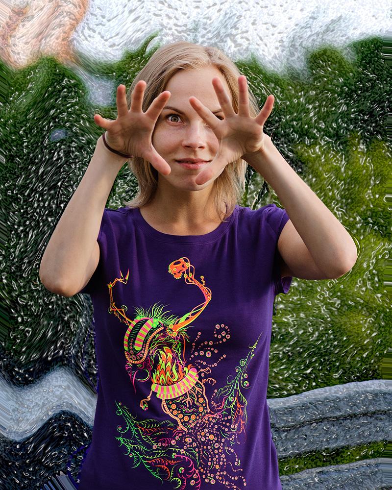 Cyborg Baba Yaga psychedelic fluorescent silkscreen lady's t-shirt by Andrei Verner
