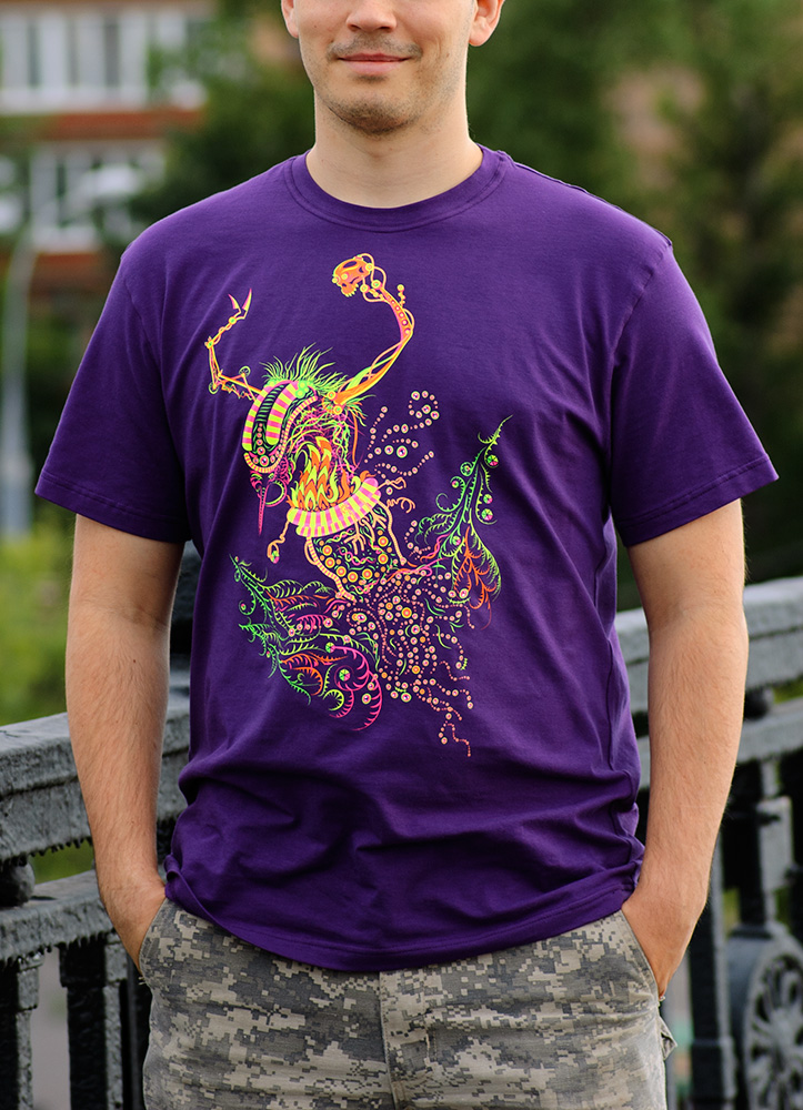 Cyborg Baba Yaga psychedelic fluorescent silkscreen man's t-shirt by Andrei Verner
