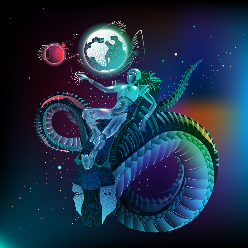 Space traveler psychedelic fluorescent backdrop artwork by Andrei Verner