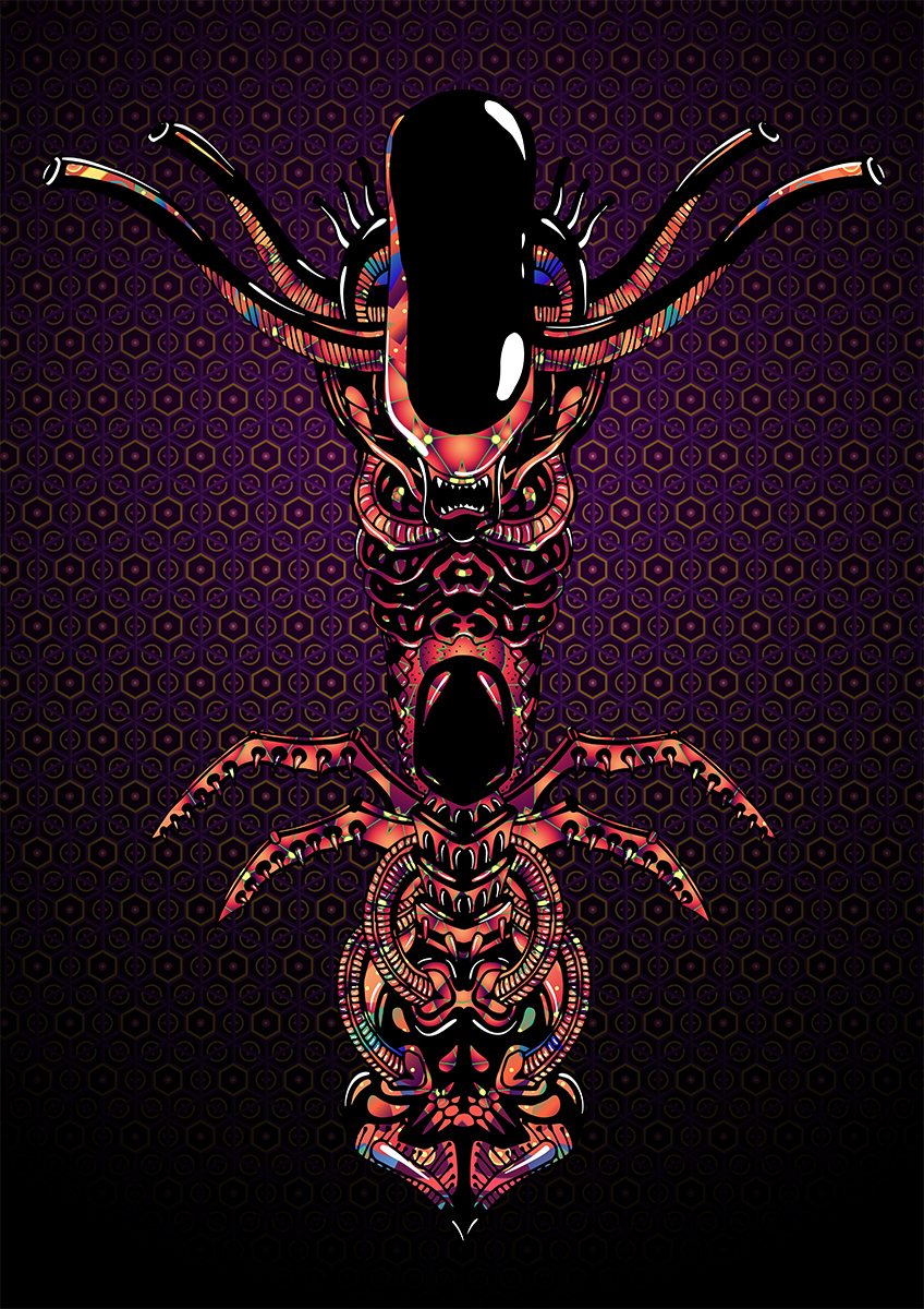 Alien Totem - Psychedelic T-shirt design by Andrei Verner - all over print design