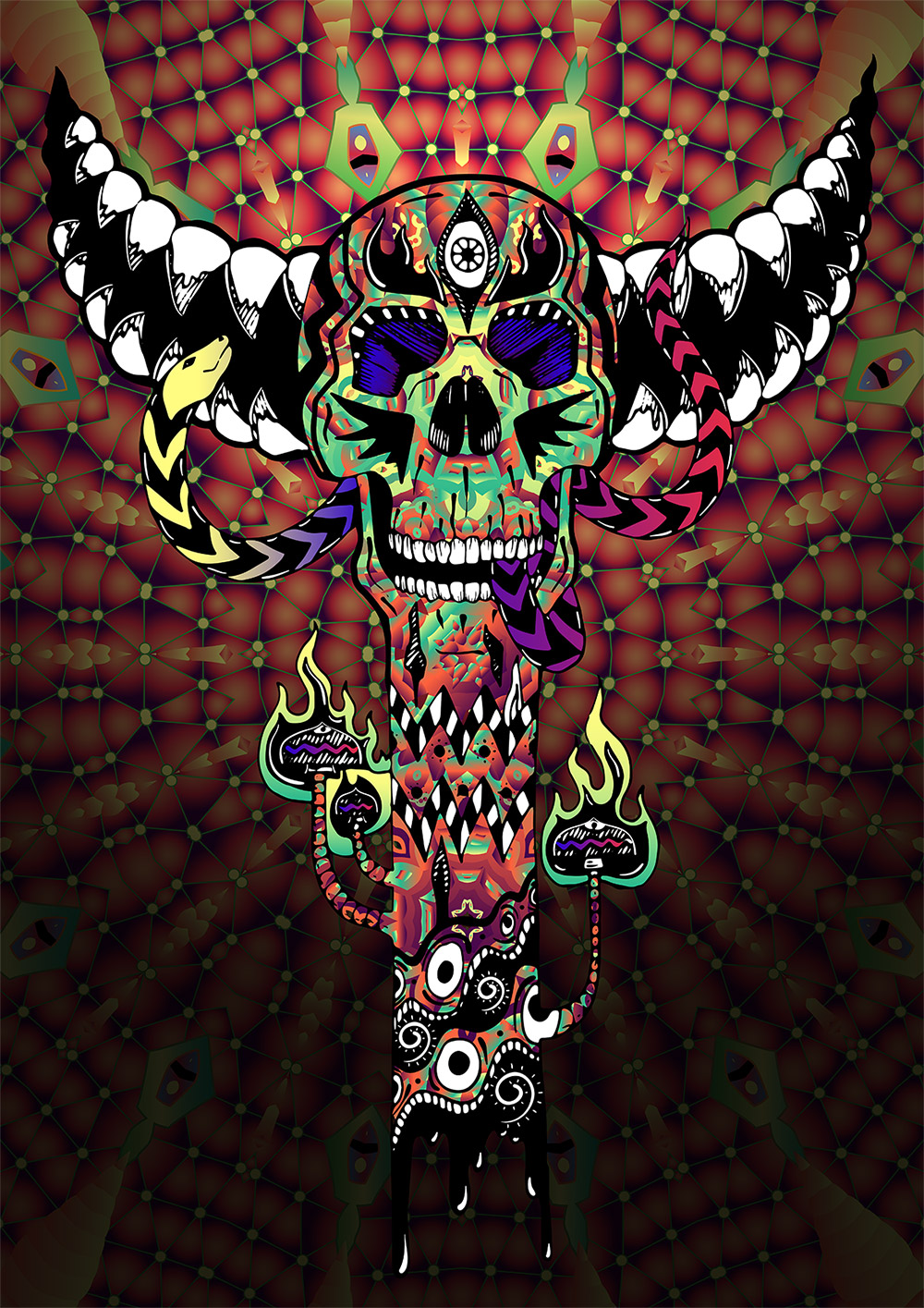 Skull Totem - Psychedelic T-shirt design by Andrei Verner - all over print design