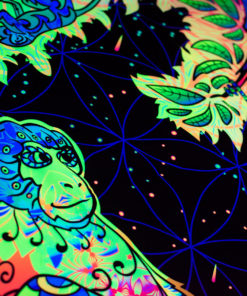Hanuman UV-Reactive Tapestry Backdrop Details Closeup in Fluorescent Light