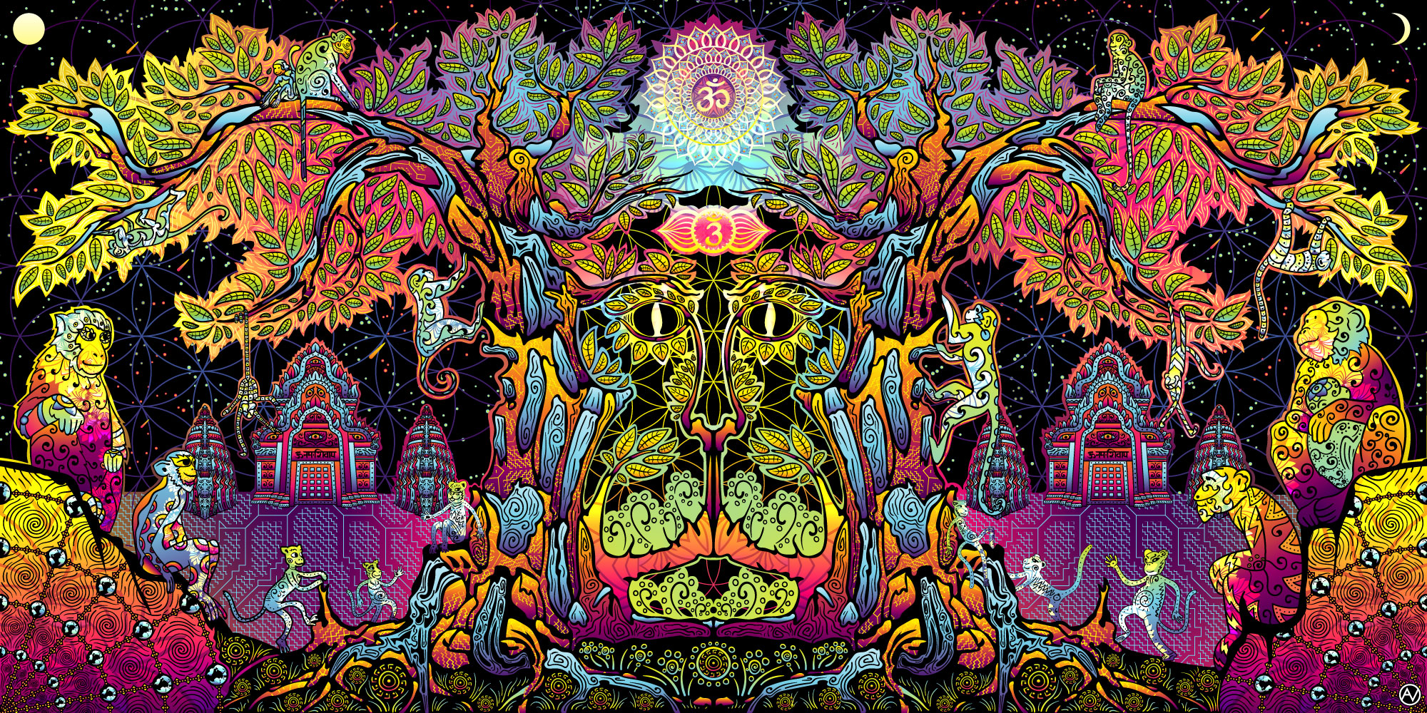 Lord Hanuman Psychedelic Art Fluorescent Design Tapestry