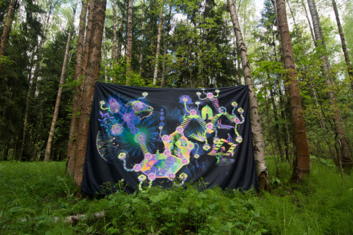 Psilocybin World Psychedelic Fluorescent UV-Reactive Backdrop Tapestry Blacklight Poster in the Forest