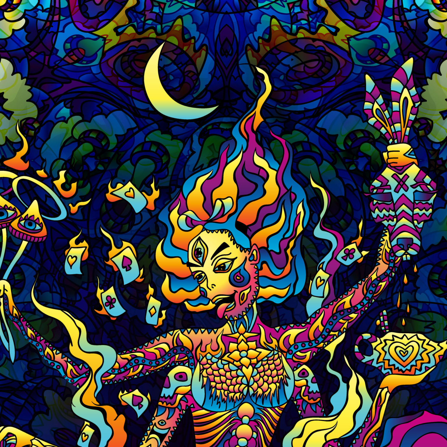 Kali in Acidland - Trippy Tapestry UV-Reactive Psychedelic Backdrop Wall Hanging - Closeup