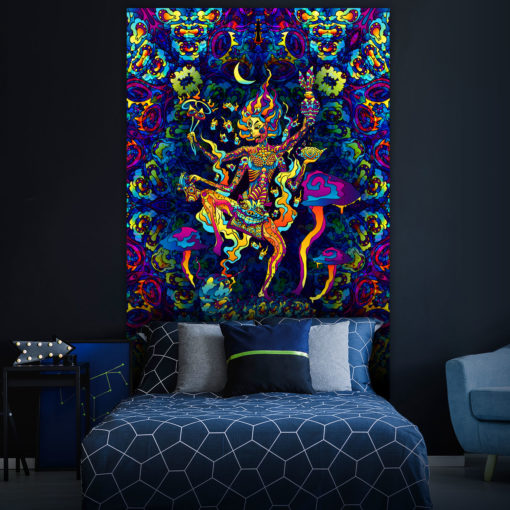 Kali in Acidland - Trippy Tapestry UV-Reactive Psychedelic Backdrop Wall Hanging - Interior Preview