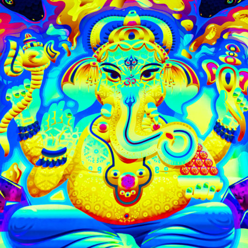 Lord Ganesh and Electric Eels Psychedelic Fluorescent UV-Reactive Backdrop Tapestry Blacklight Wall Hanging - Details