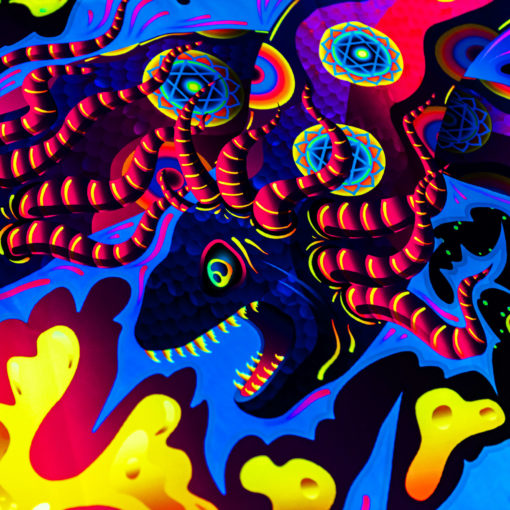 Lord Ganesh and Electric Eels Psychedelic Fluorescent UV-Reactive Backdrop Tapestry Blacklight Wall Hanging - Details