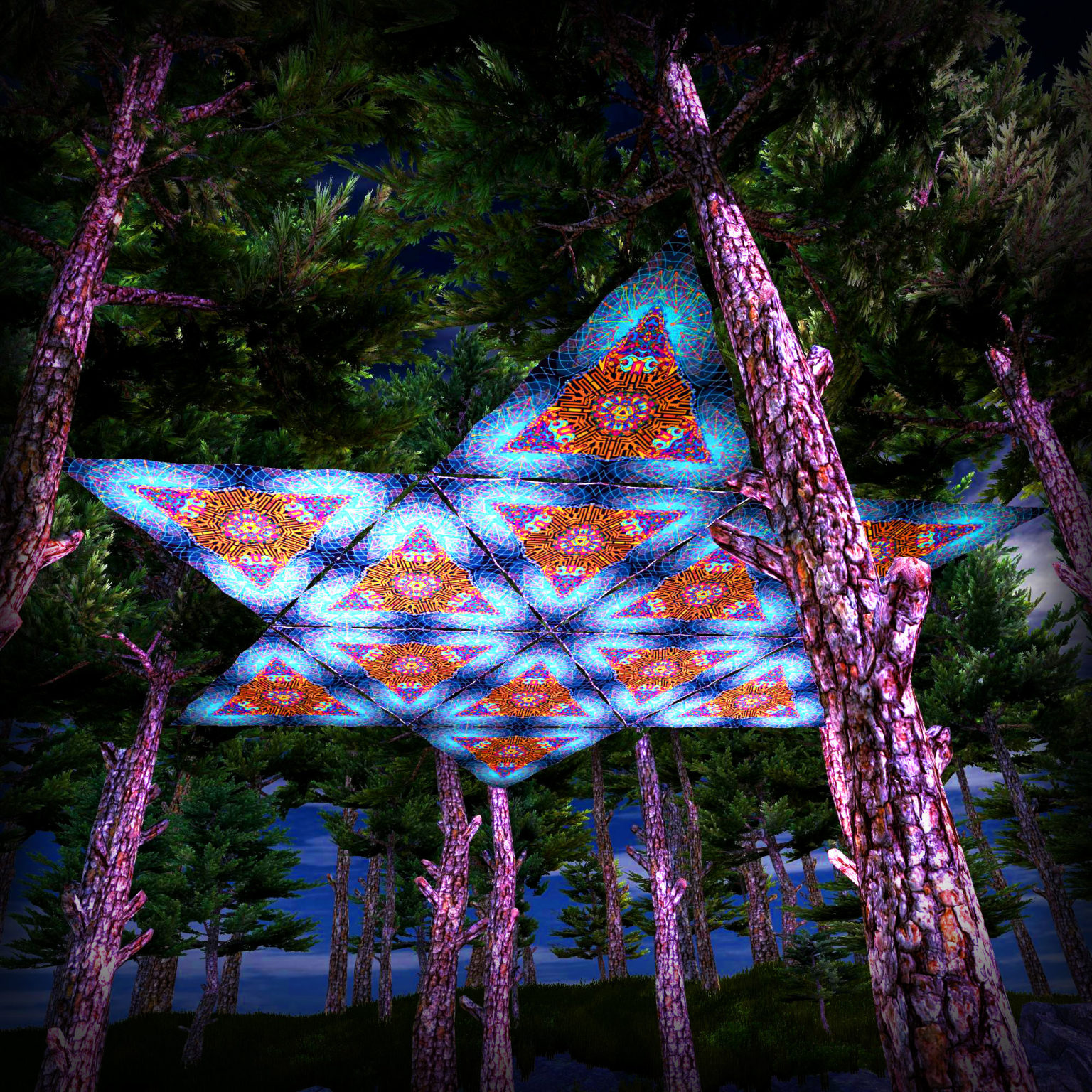 Magic Mushroom God UV-Triangles - TR02 - 12 Pieces - UV-Reactive Psychedelic Party Decoration - 3D Preview