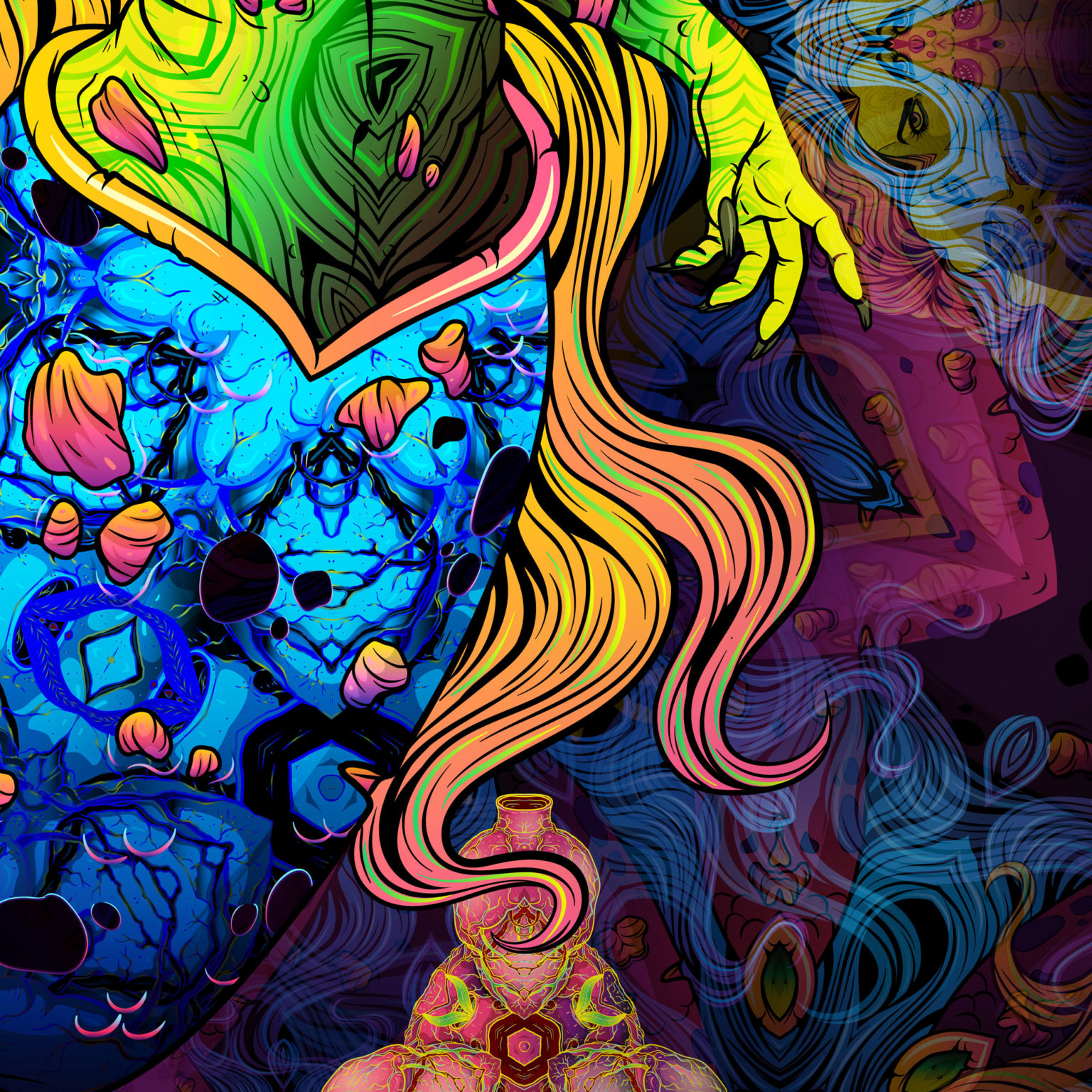 ZombPsy - the Psychedelic Zombie Mermaid - Trippy Tapestry UV-Reactive Backdrop