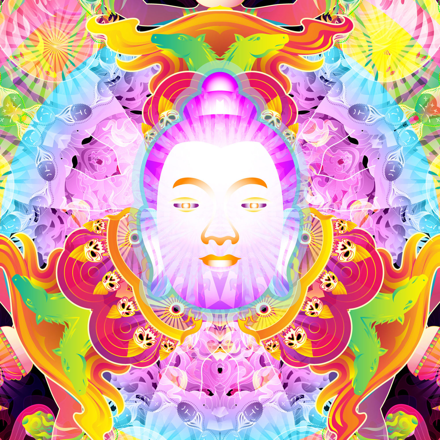 Wrathful Buddha Mandala Psychedelic Fluorescent UV-Reactive Backdrop Tapestry Blacklight Wall Hanging - Closeup
