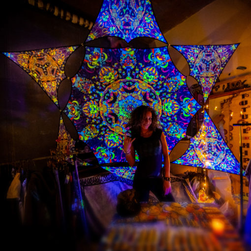 Kali in Acidland Hexagon and 6 Triangles Psychedelic UV-Reactive Canopy Set-01 - Stretchable Print on Lycra