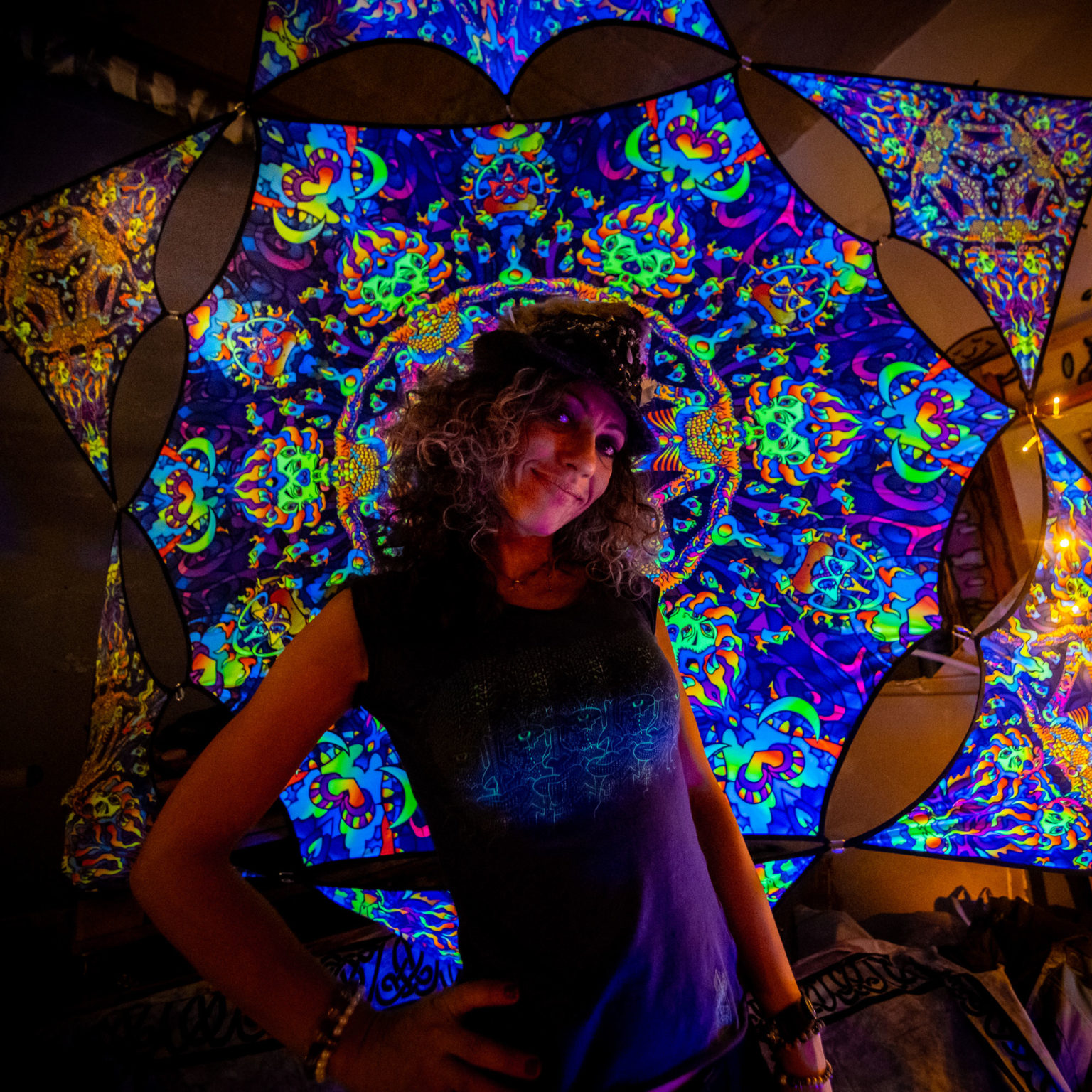 Kali in Acidland Hexagon and 6 Triangles Psychedelic UV-Reactive Canopy Set-01 - Stretchable Print on Lycra