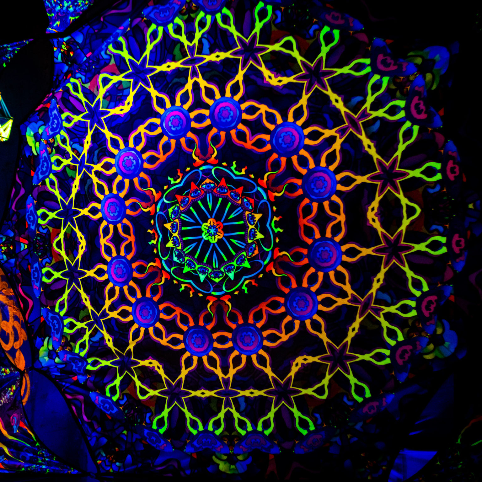Kali in Acidland Hexagon and 6 Triangles Psychedelic UV-Reactive Canopy Set-02 - Stretchable Print on Lycra