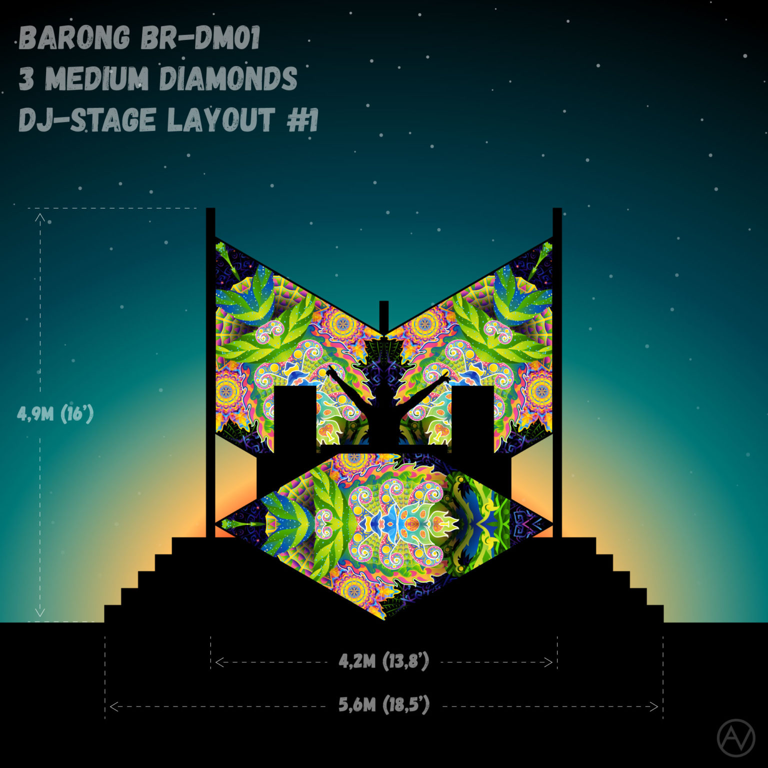 Barong - BR-DM01 - Psychedelic UV-Reactive DJ-Stage 3 UV-Diamonds Set - Layout #1