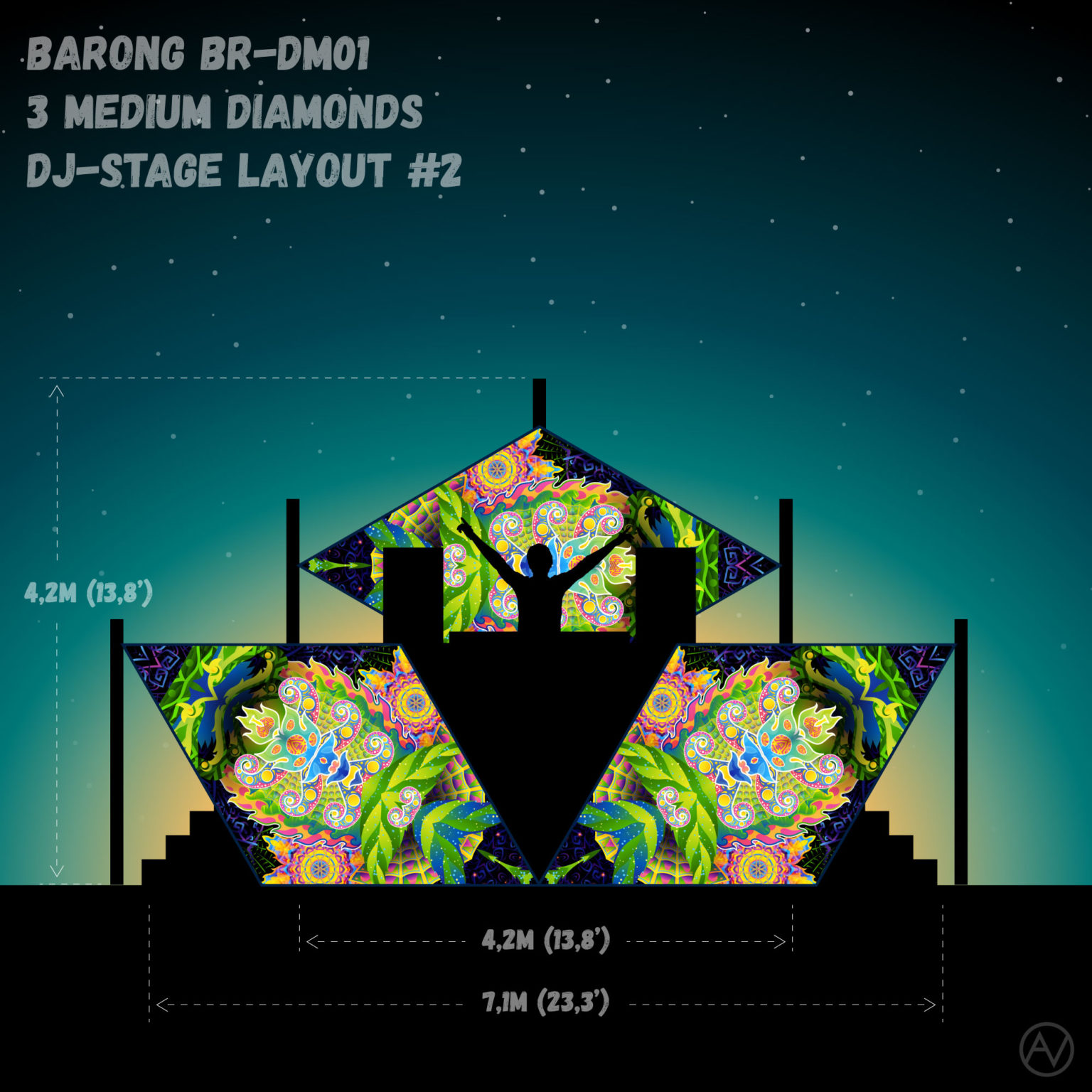 Barong - BR-DM01 - Psychedelic UV-Reactive DJ-Stage 3 UV-Diamonds Set - Layout #2