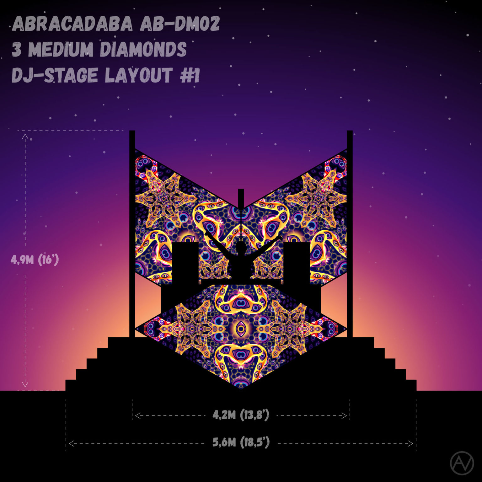 Abracadabra - AB-DM02 - Psychedelic UV-Reactive DJ-Stage 3 UV-Diamonds Set - Layout #1