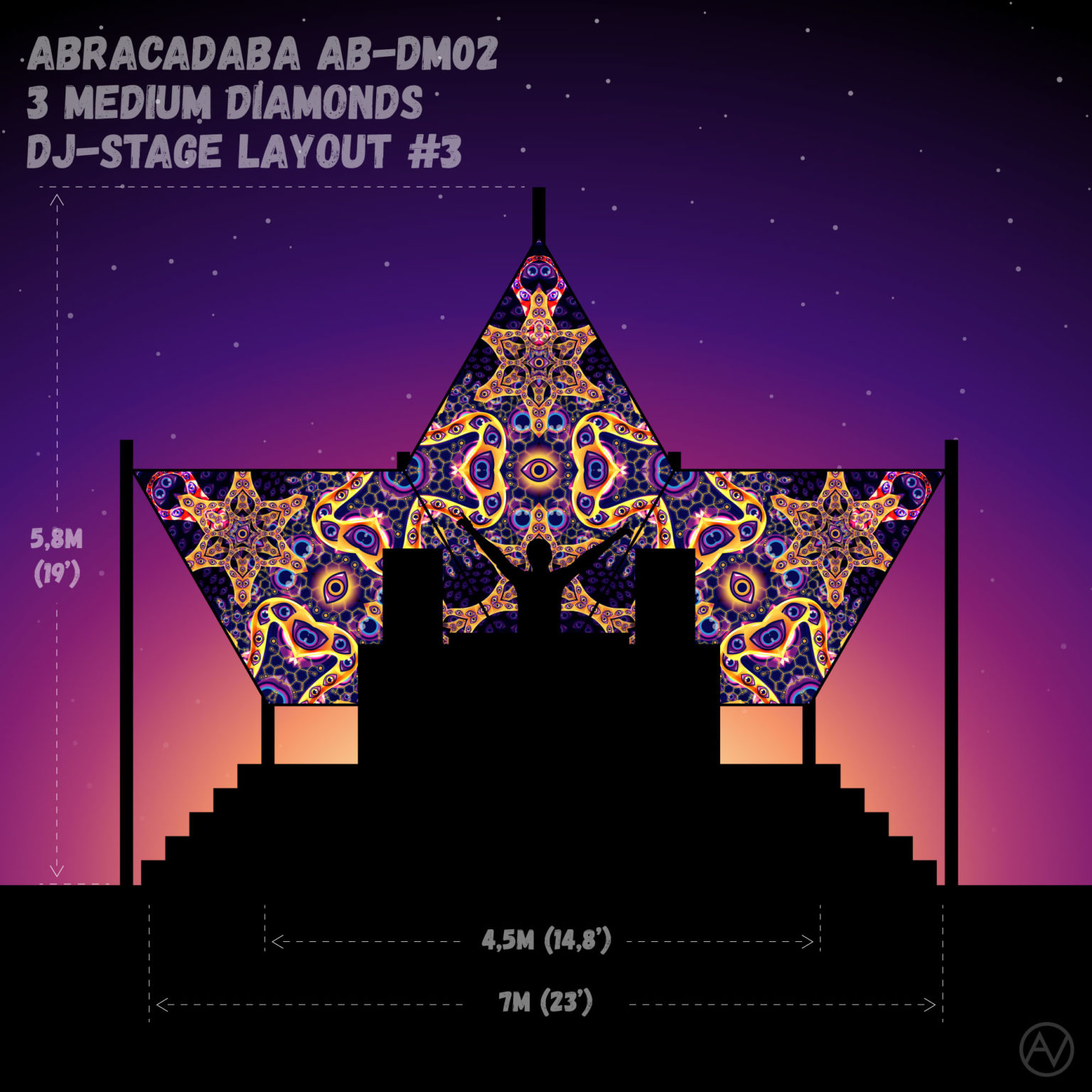 Abracadabra - AB-DM02 - Psychedelic UV-Reactive DJ-Stage 3 UV-Diamonds Set - Layout #3