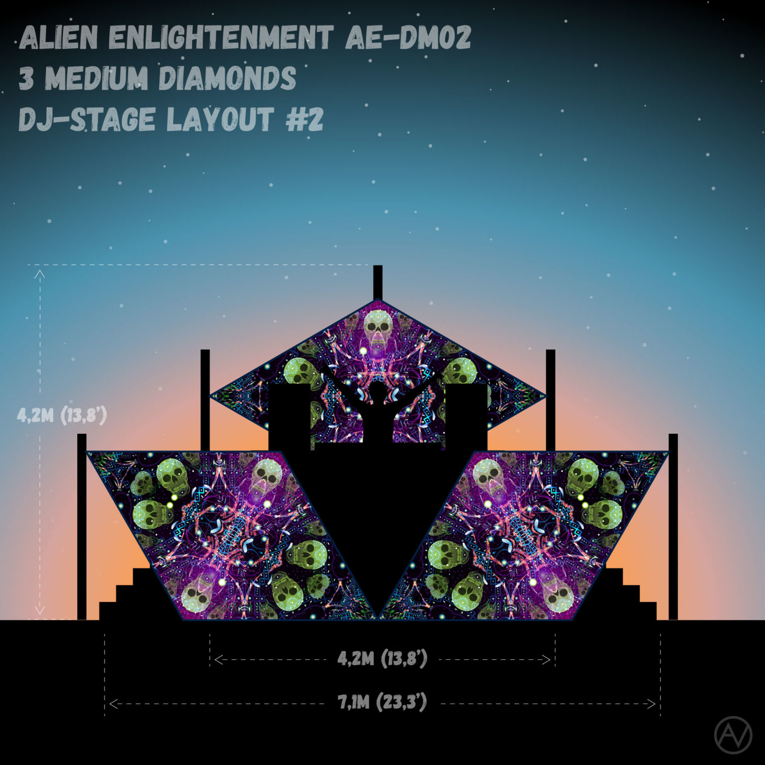 Alien Enlightenment - AE-DM01 - Psychedelic UV-Reactive DJ-Stage 3 UV-Diamonds Set - Layout #2