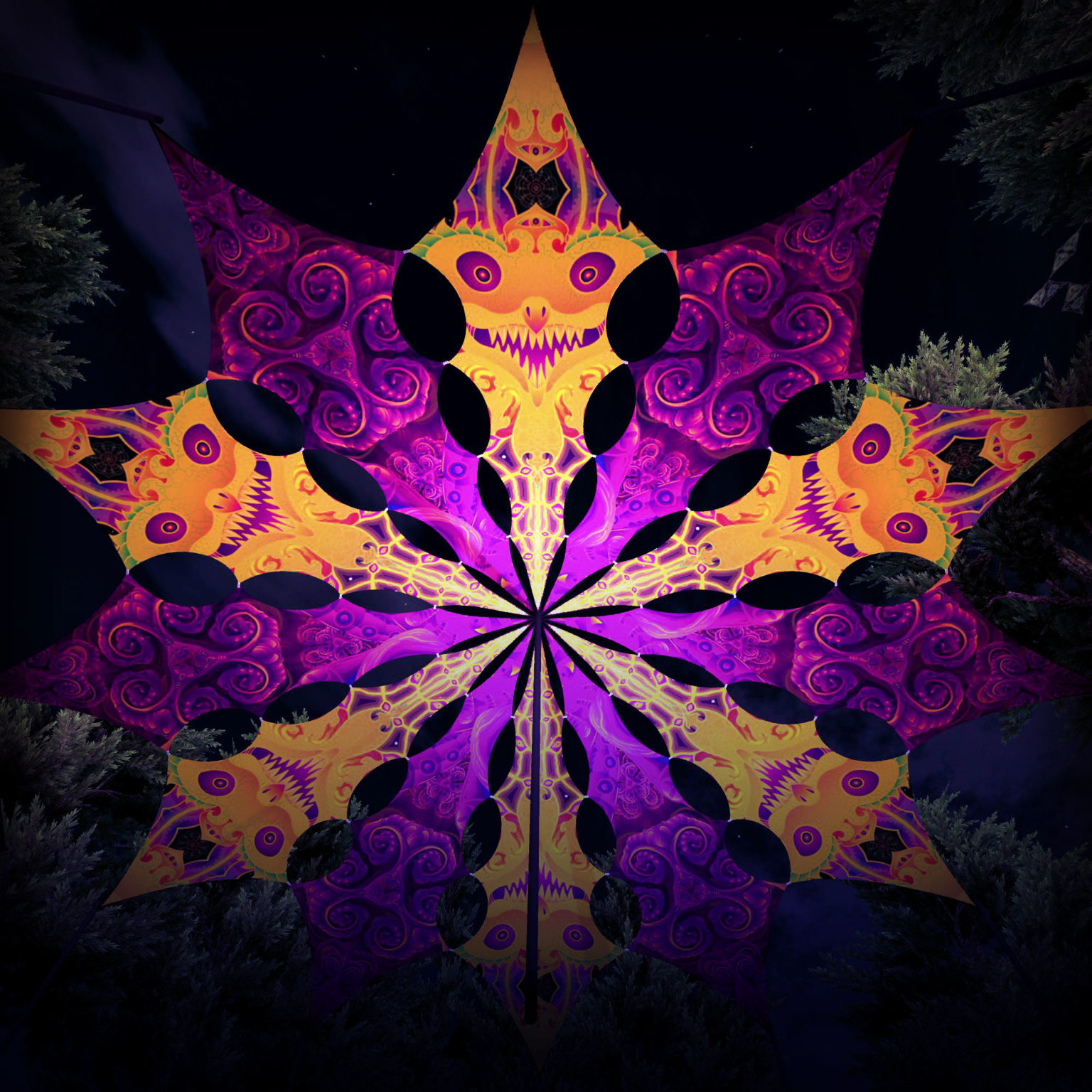 Sacred Vine and Smiling Garuda - Psychedelic UV-Reactive Ceiling Decoration Canopy 12 Petals - 3D-Preview