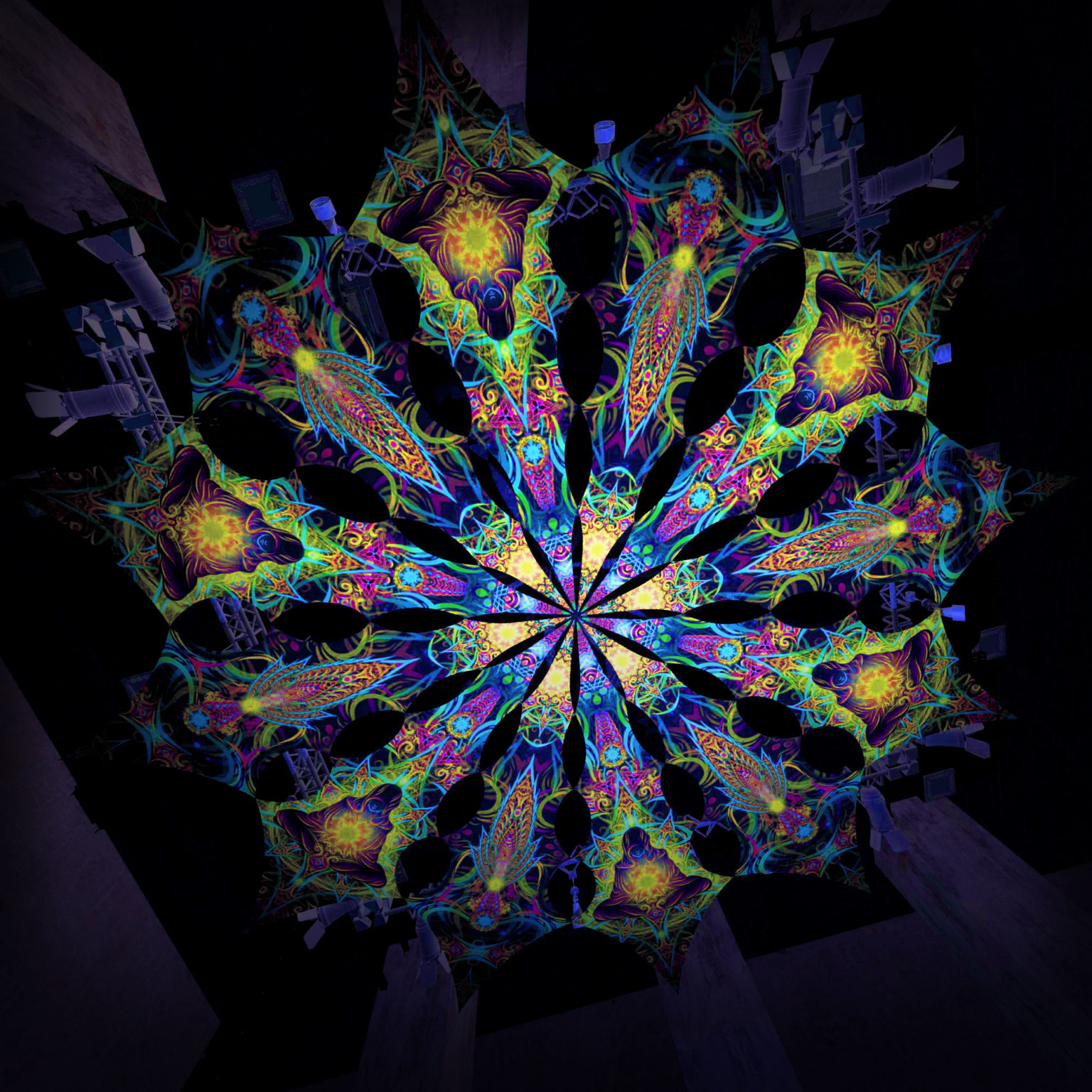 Reincarnation 2 - Adept&Leaf -Psychedelic UV Canopy - 12 petals set - Large Size 11m diameter -3D-Preview in a club