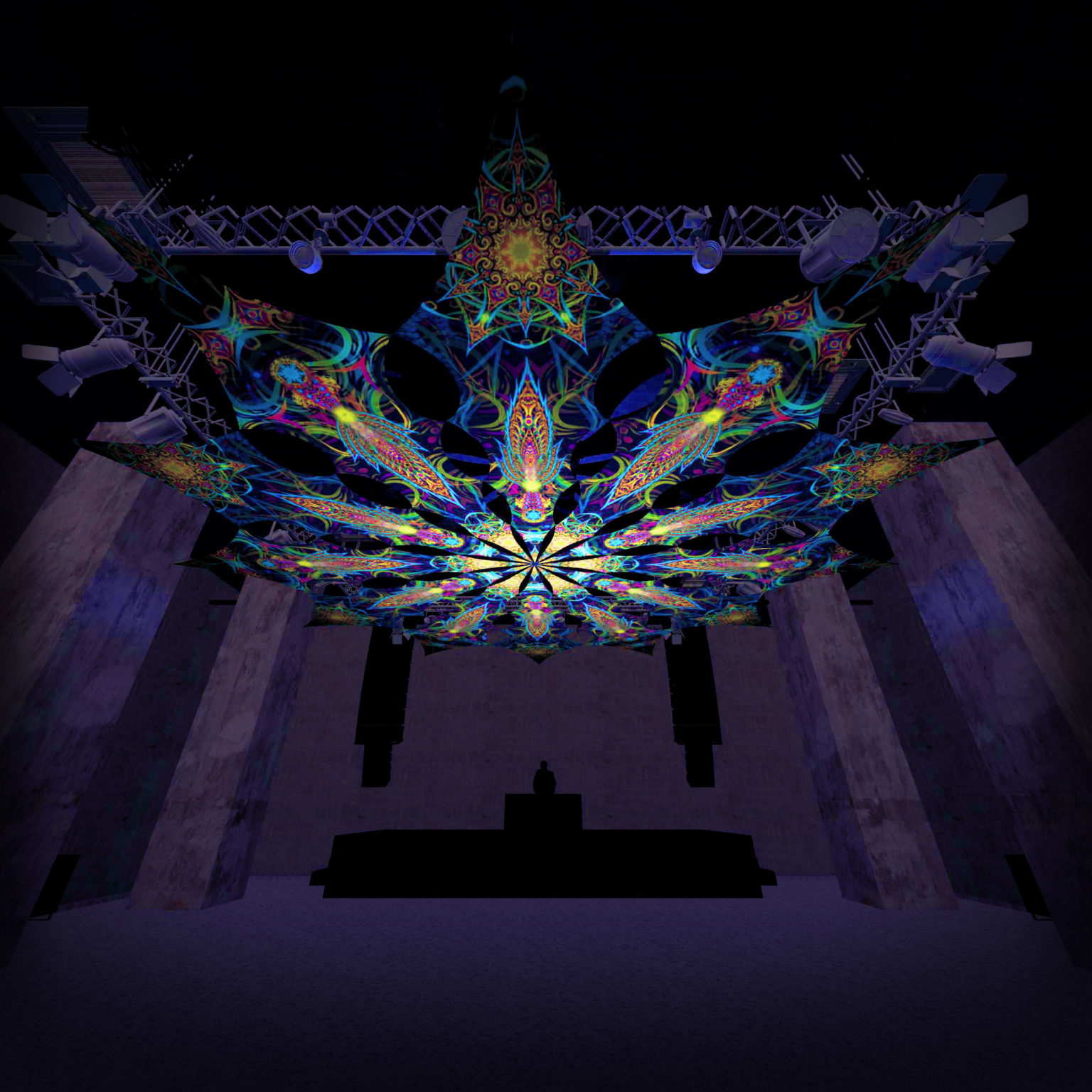 Reincarnation 2 - Leaf&Star -Psychedelic UV Canopy - 12 petals set - Large Size 11m diameter -3D-Preview in a club