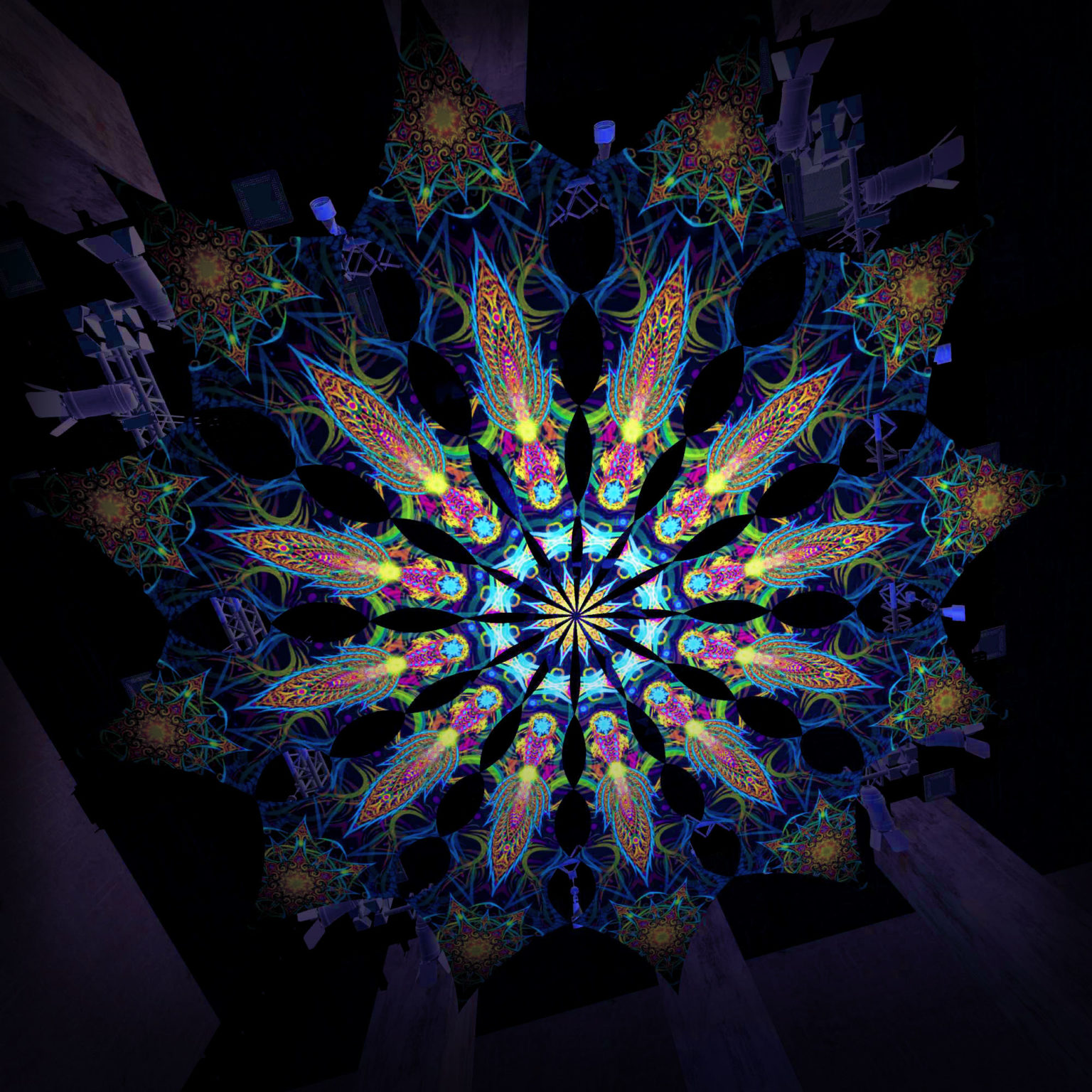 Reincarnation 2 - Star -Psychedelic UV Canopy - 12 petals set - Large Size 11m diameter -3D-Preview in a club
