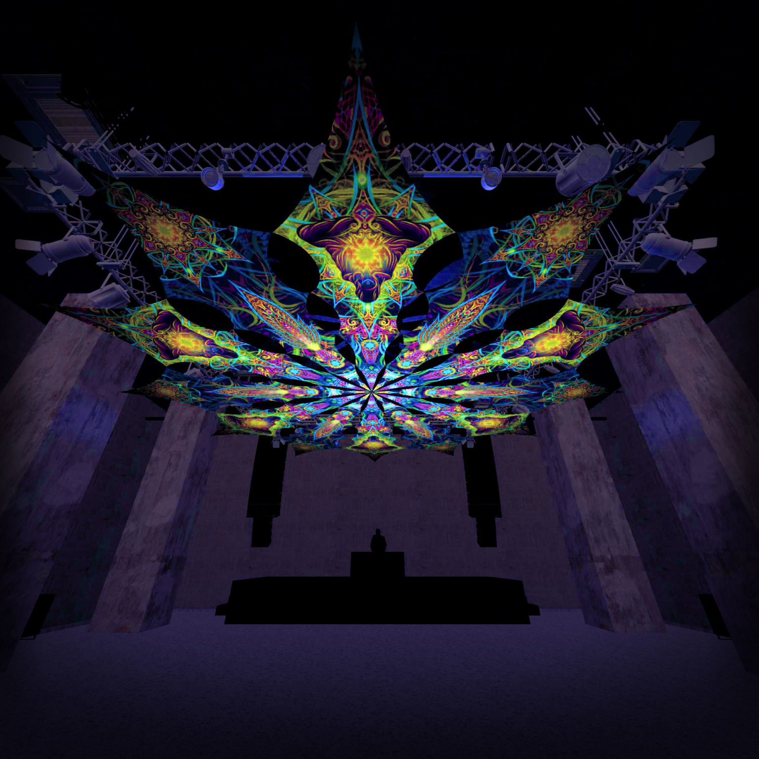 Reincarnation 2 - Star&Adept -Psychedelic UV Canopy - 12 petals set - Large Size 11m diameter -3D-Preview in a club
