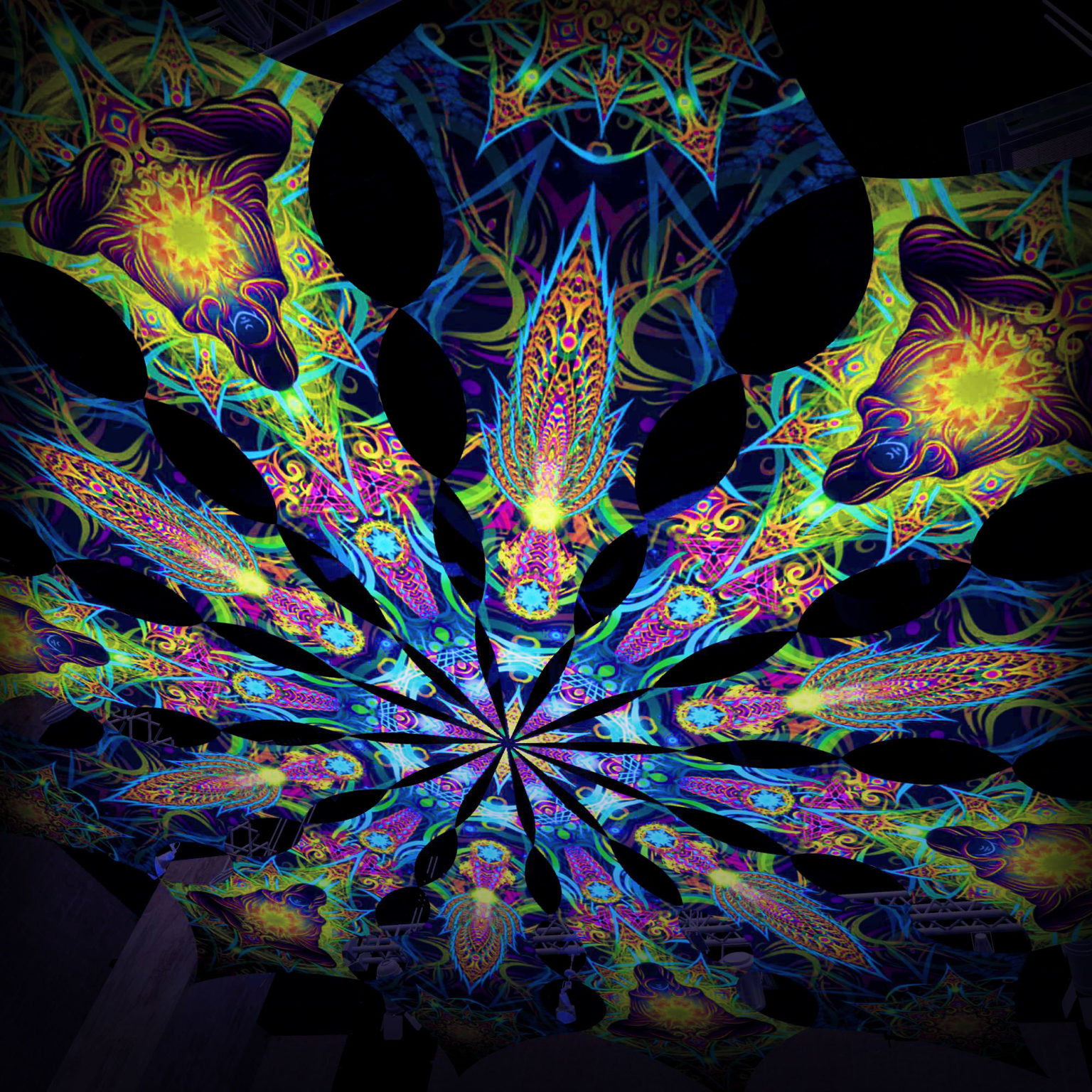 Reincarnation 2 - Star&Adept -Psychedelic UV Canopy - 12 petals set - Large Size 11m diameter -3D-Preview in a club