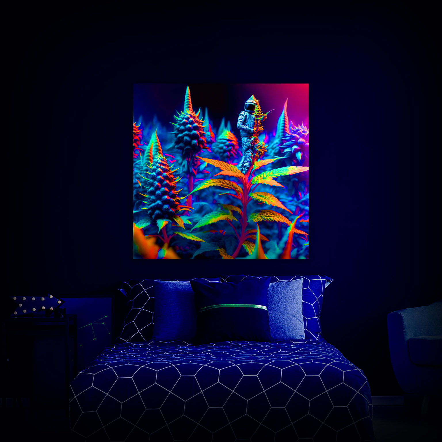 Marijuana Astronaut V1 - Trippy Tapestry - Colorful UV Stoner Backdrop Psychedelic UV-Reactive Fluorescent Wall Art - Bedroom Preview - UV Light
