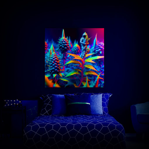 Marijuana Astronaut V1 - Trippy Tapestry - Colorful UV Stoner Backdrop Psychedelic UV-Reactive Fluorescent Wall Art - Bedroom Preview - UV Light
