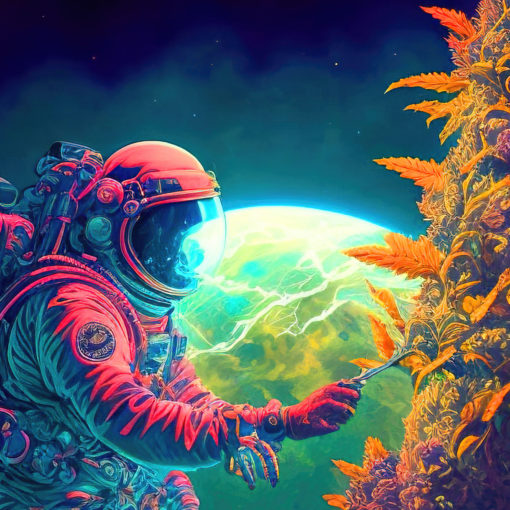 Marijuana Astronaut V3 - Trippy Tapestry - Colorful UV Stoner Backdrop Psychedelic UV-Reactive Fluorescent Wall Art - Details 01