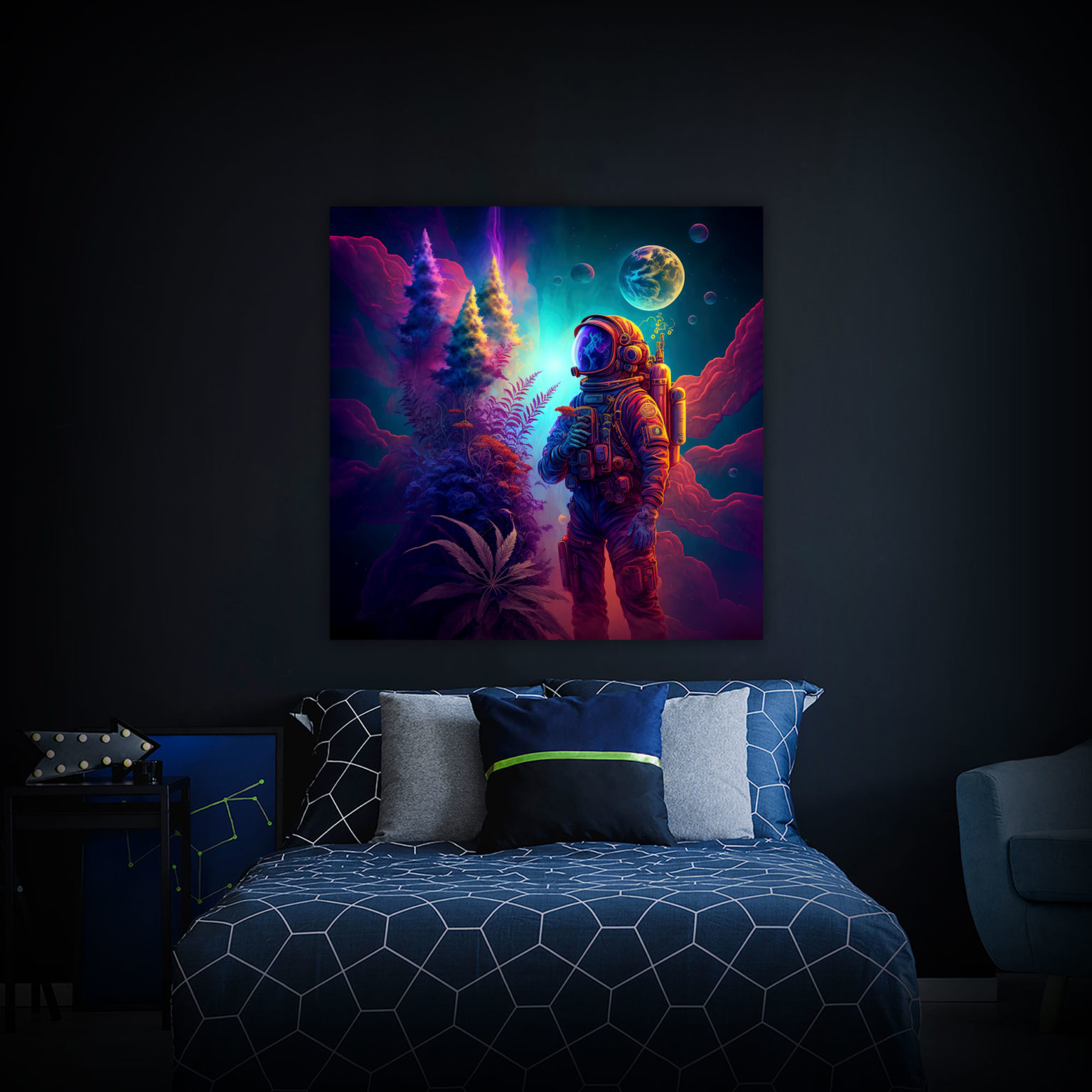 Marijuana Astronaut V4 - Trippy Tapestry - Colorful UV Stoner Backdrop Psychedelic UV-Reactive Fluorescent Wall Art - Bedroom Preview - Regular Light