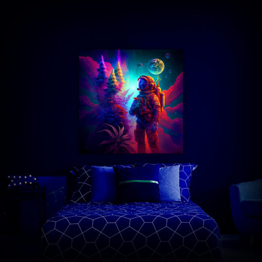 Marijuana Astronaut V4 - Trippy Tapestry - Colorful UV Stoner Backdrop Psychedelic UV-Reactive Fluorescent Wall Art - Bedroom Preview - UV Light
