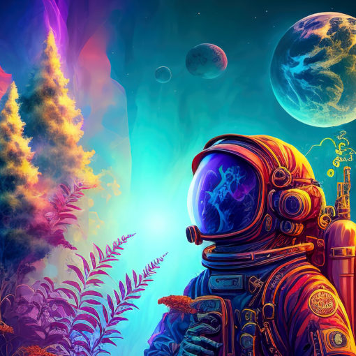 Marijuana Astronaut V4 - Trippy Tapestry - Colorful UV Stoner Backdrop Psychedelic UV-Reactive Fluorescent Wall Art - Details 01