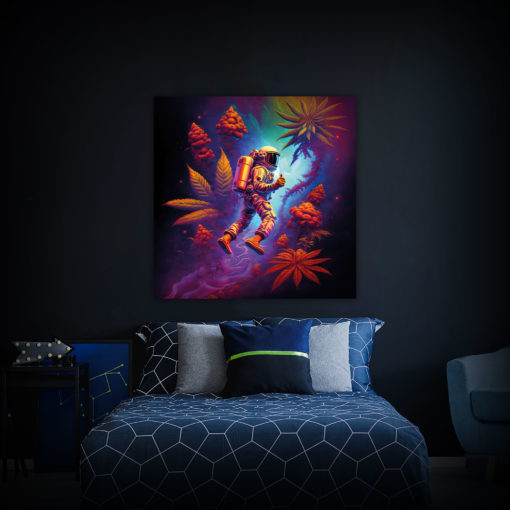 Marijuana Astronaut V5 - Trippy Tapestry - Colorful UV Stoner Backdrop Psychedelic UV-Reactive Fluorescent Wall Art - Bedroom Preview - Regular Light