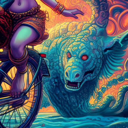 Bicycle Day with Shiva and Parvati - Trippy Tapestry - Closeup