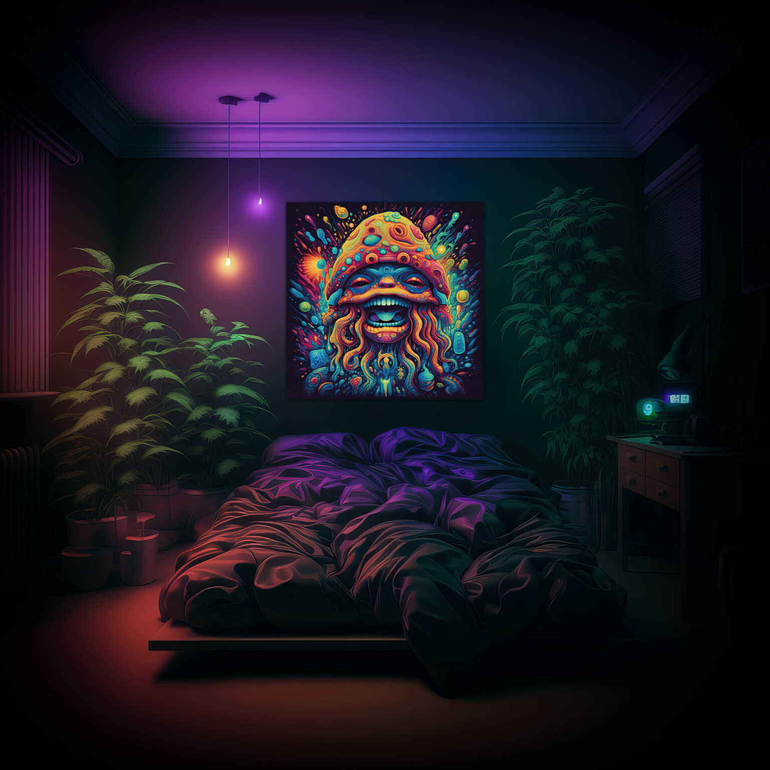 Magic Mushroom Shaman Shroomanto - Trippy Tapestry - Bedroom Preview