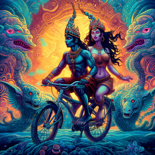 Bicycle Day with Shiva and Parvati - Trippy Tapestry - Art