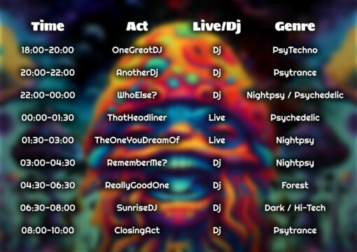 Shroomanto Psychedelic Trance Party Promotion - Event Timetable Template