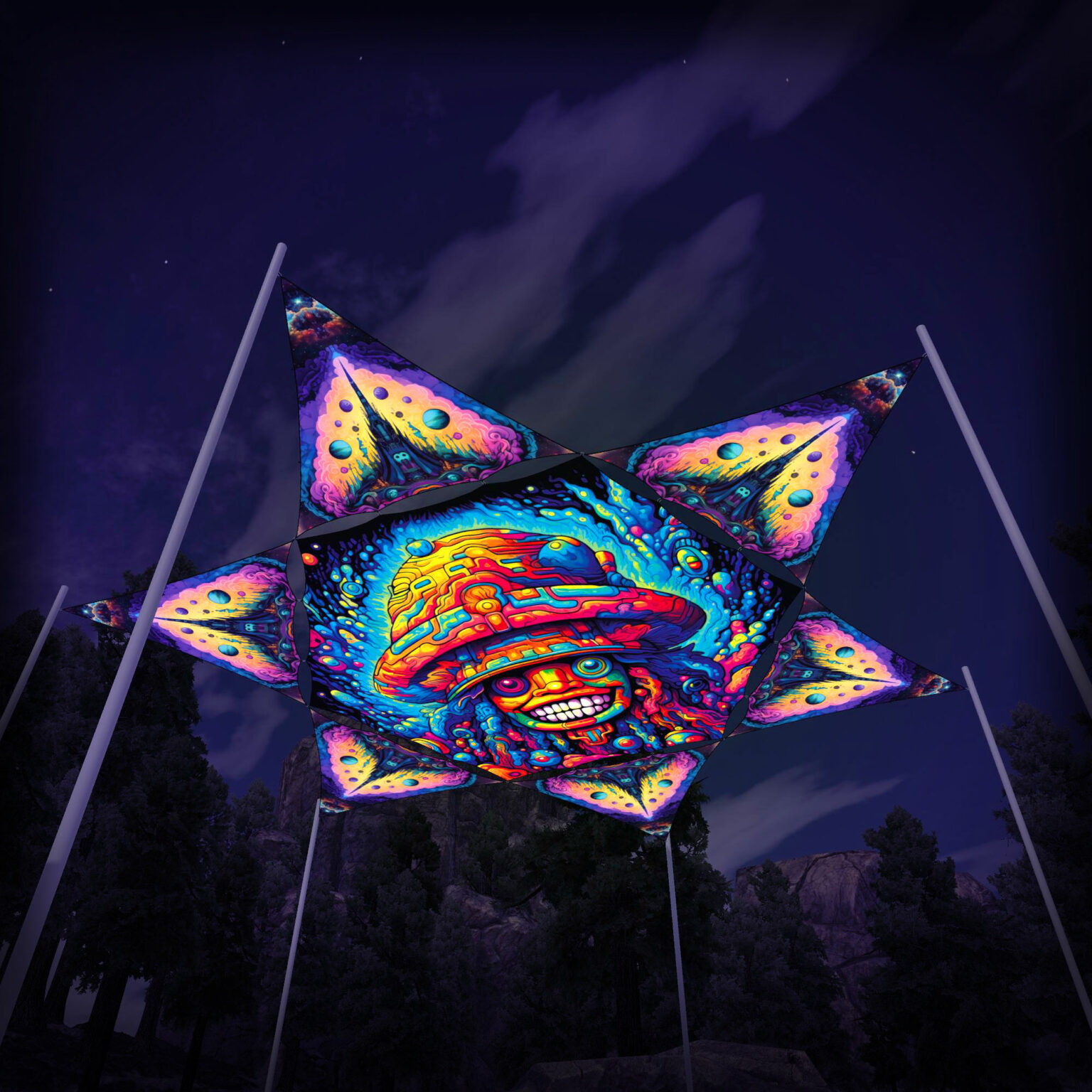 Fungocchio Hexagon and 6 Triangles MS-TR01 - 3D-Preview - Forest - Psychedelic UV-Reactive Canopy – Ceiling Decoration