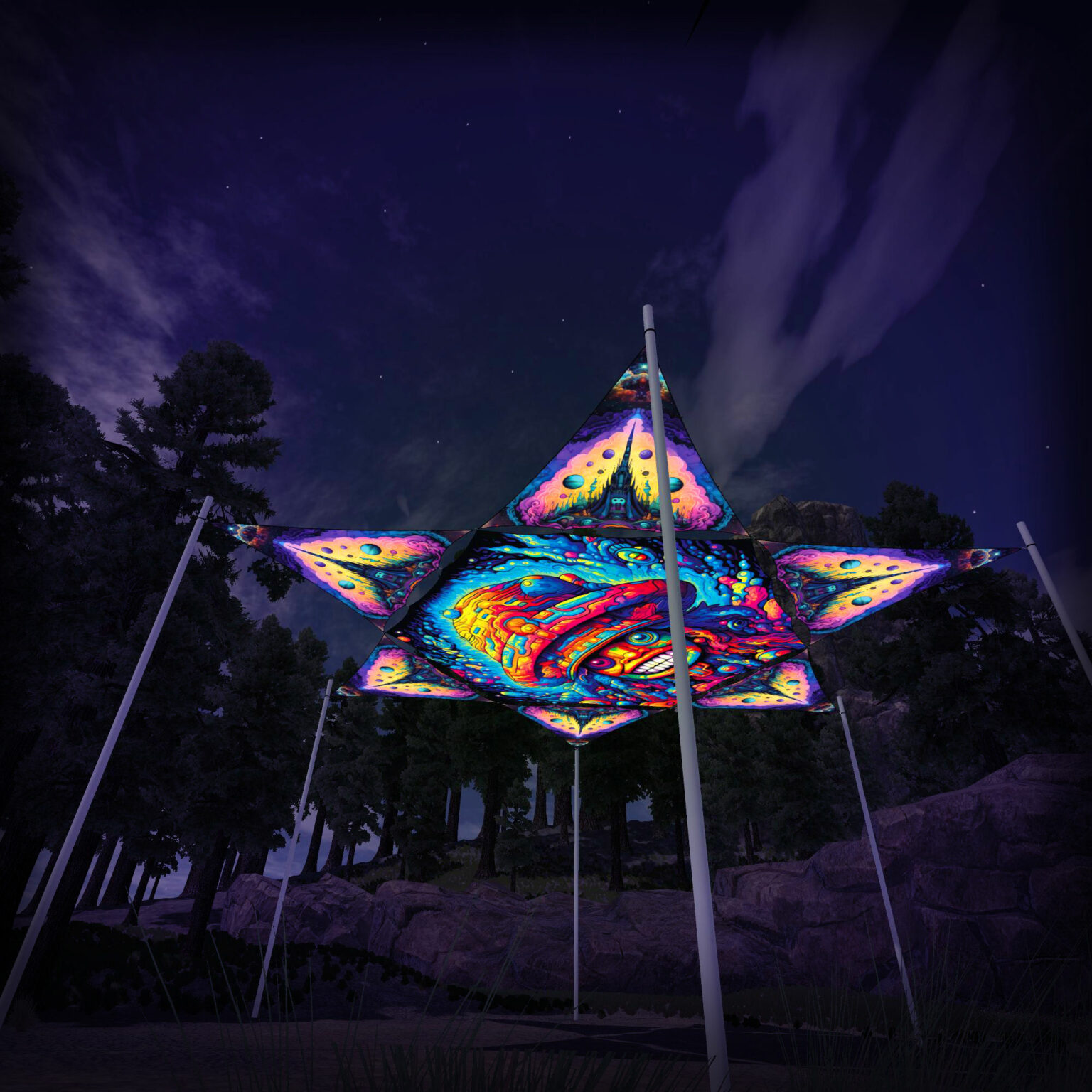 Fungocchio Hexagon and 6 Triangles MS-TR01 - 3D-Preview - Forest - Psychedelic UV-Reactive Canopy – Ceiling Decoration