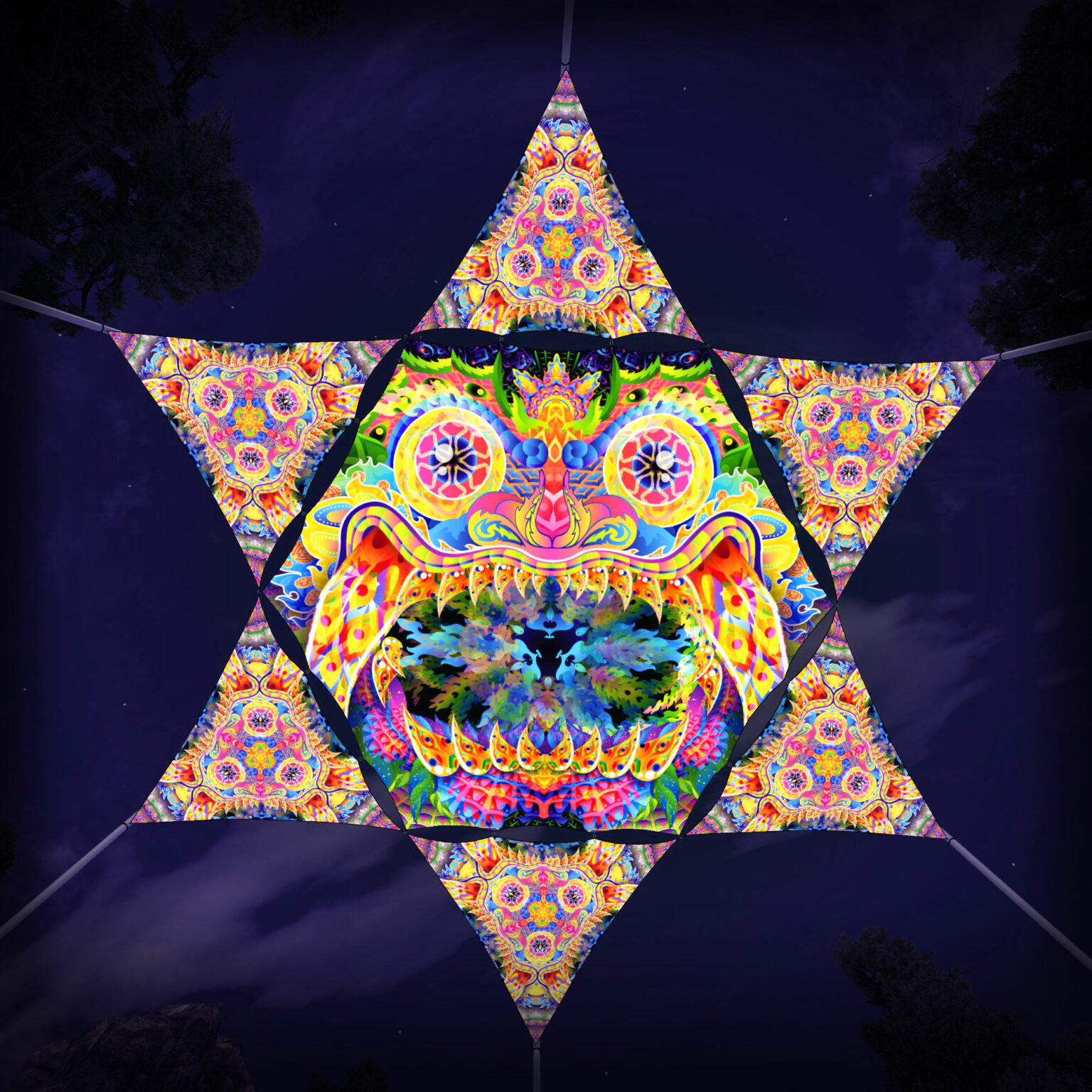 BR-HX01 Hexagon and 6 Triangles BR-TR01 - 3D-Preview - Forest - Psychedelic UV-Reactive Canopy – Ceiling Decoration