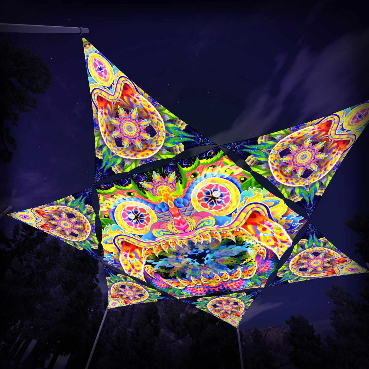 BR-HX01 Hexagon and 6 Triangles BR-TR02 - 3D-Preview - Forest - Psychedelic UV-Reactive Canopy – Ceiling Decoration